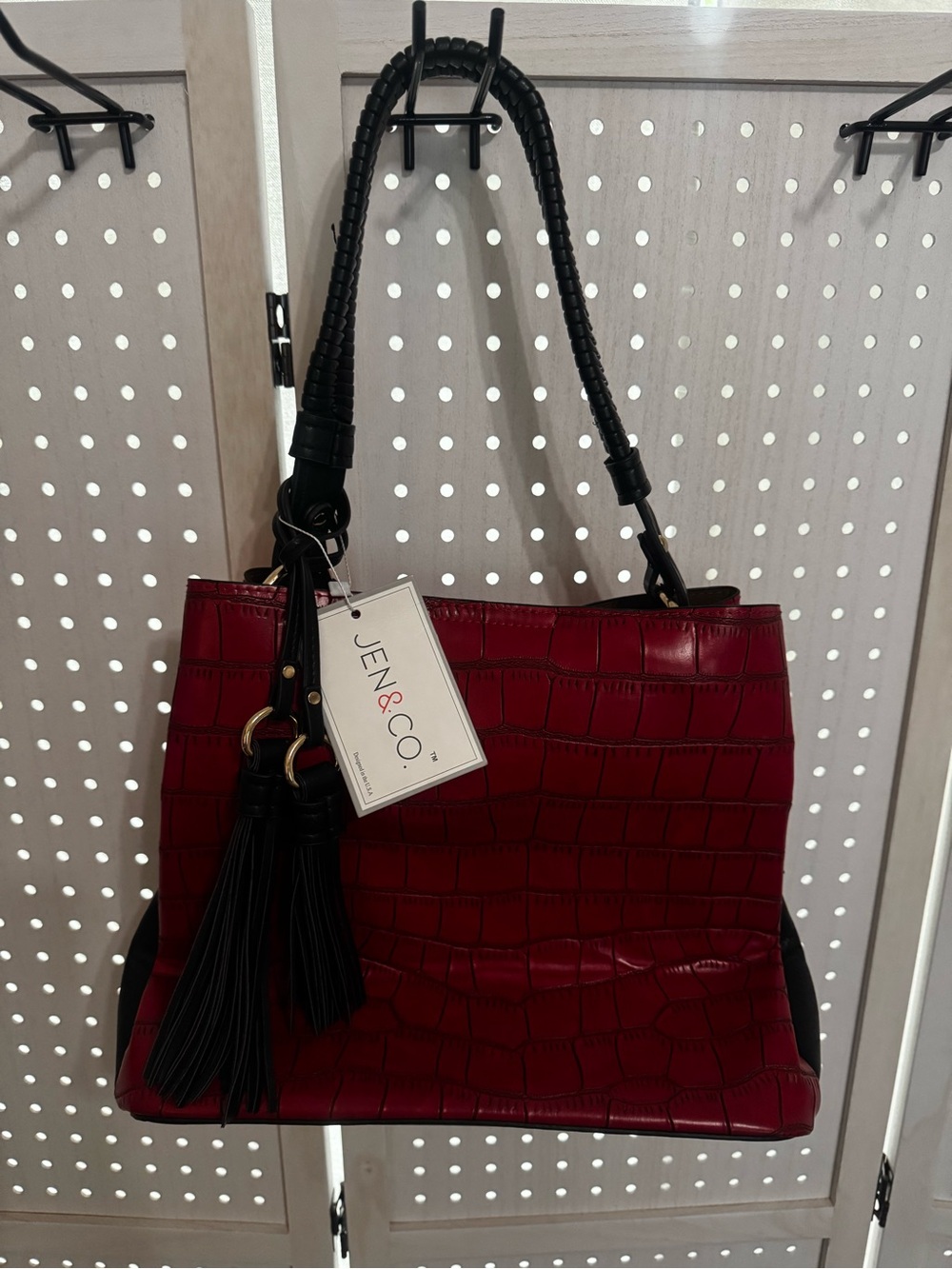 Jen & Co. Croc-Embossed Deep Red Shoulder Bag with Braided Strap